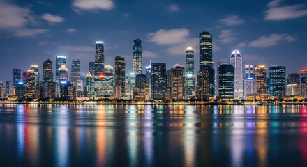 Fototapeta premium Modern city skyline at night with illuminated skyscrapers, urban cityscape reflecting in calm water, panoramic view of downtown business district