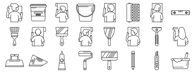 Applying wallpapers icons set. Line drawing icons representing wallpapering tools and workers applying, measuring, and cutting wallpaper