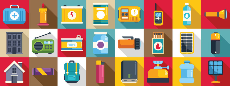 Blackout icons set. Collection of essential supplies for emergency preparedness, ensuring safety and survival during natural disasters or unexpected events