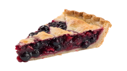 Delicious slice of mixed berry pie with golden brown flaky crust isolated on transparent background
