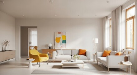 Fototapeta premium Bright Interior Featuring Modern Sofas, a Yellow Armchair, and Contemporary Art