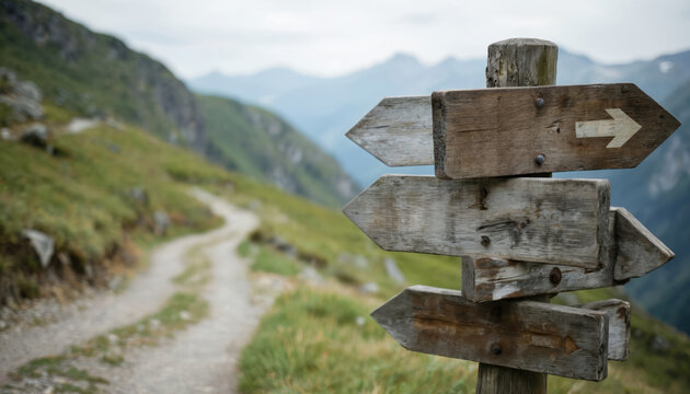 Dirt road with wooden signpost featuring multiple direction arrows. Mountainous landscape with lush plants and rocky terrain. Various route options for adventure travel and journey of life.