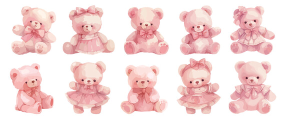 Pink bear toys with ribbon bows. Girl baby shower, birthday decor, teddy bear in dress. Watercolor cute character isolated vector set