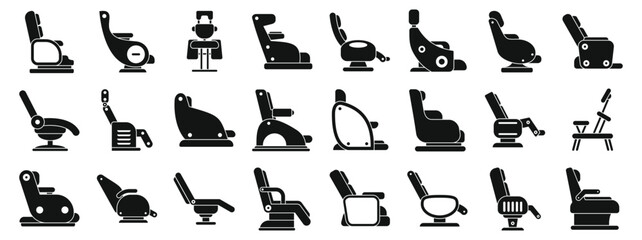 Obraz premium Massage chair icons set. Collection of reclining passenger seats suitable for various transportation methods, providing comfort and relaxation during journeys