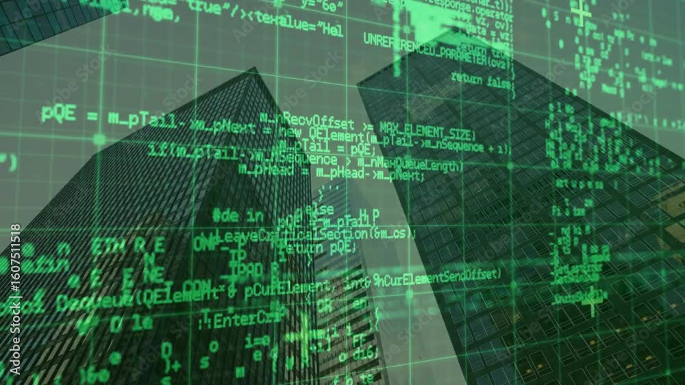 Poster upon grid overlay appearing over skyscrapers code streams scrolling down walls simulating hacking