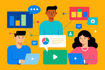 Diverse team collaborating on data analysis and business strategy with online communication