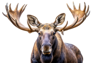   majestic moose with large antlers standing isolated on white background PNG , AI GENERATED
