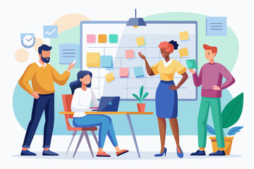 Diverse team brainstorming ideas on whiteboard in modern office illustration