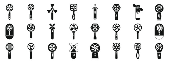 Electric hand fan icons set. Set of simple black glyph icons representing different models of portable fans, ideal for hot days and personal cooling needs