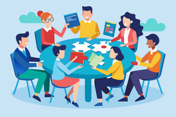 Obraz premium Diverse team collaborating around table solving puzzle brainstorming and teamwork concept