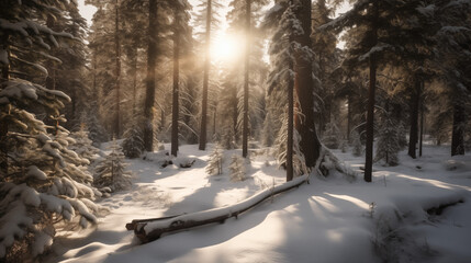 Christmas Morning: Sunlit Evergreens in Snowy Rows