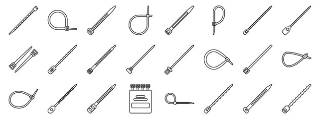 Cable ties icons set. Collection of various cable tie designs showcasing diverse shapes and functionalities, including a box for organized storage, ideal for bundling and securing items