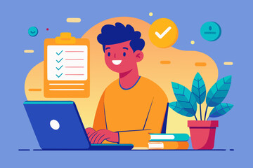 Young man working on laptop with checklist and plant illustration