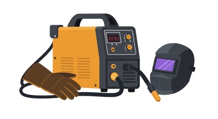 Welding equipment: portable inverter welder, protective gear, and welding mask ready for use.