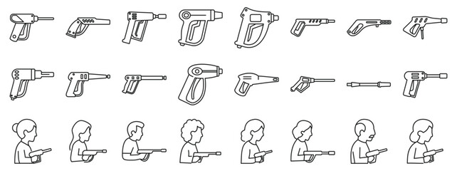 High pressure gun icons set. People using different cleaning equipment for professional cleaning and disinfection