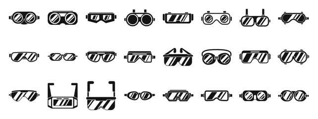 Welding glasses icons set. Set of various goggles and glasses icons in black and white
