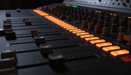 Close-up of pro audio mixing console with glowing orange lights in dark studio. Music production equipment with sliders and buttons. Sound operator works at illuminated control panel.