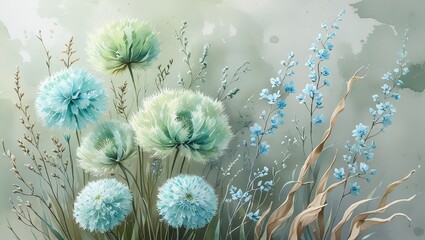 Tranquil Garden Scene: Artistic Depiction of Fluffy Flowers and Sparse Branches in Muted Tones

