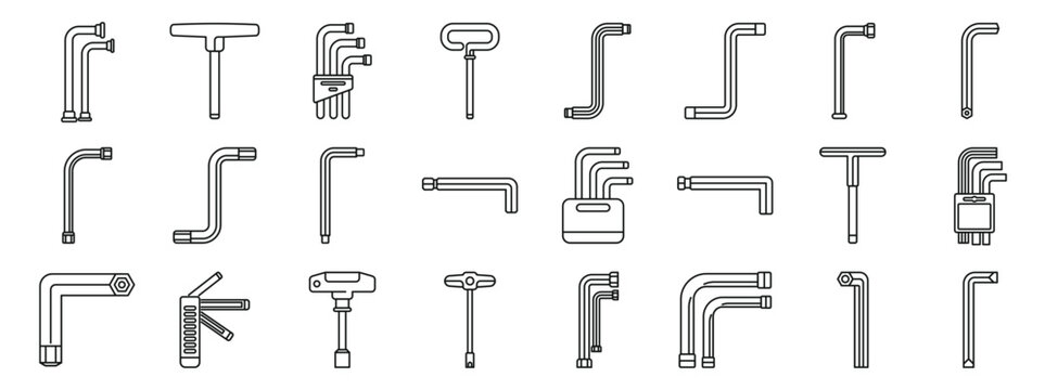 Allen keys icons set. Line drawing of allen wrenches or hex keys isolated on white background, perfect for representing diy projects, furniture assembly, and repairs