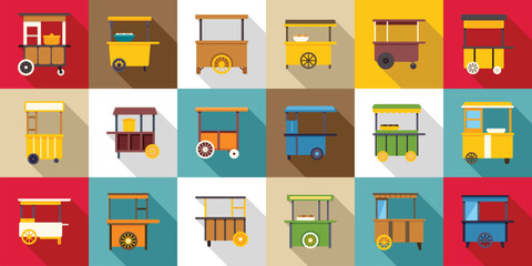 Meatball cart icons set. Vibrant street food carts showcasing a variety of snacks and meals, representing diverse culinary offerings