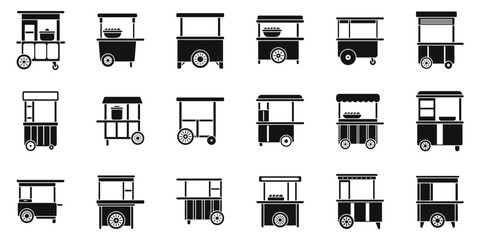 Meatball cart icons set. Set of simple icons representing various designs of street food carts, showcasing mobile culinary experiences © anatolir