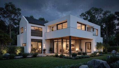 Modern white house with flat roof, large windows in serene garden with rich trees, bushes, rocks. Well-maintained lawn with soft light from cloudy sky. Peaceful atmosphere of home exterior with