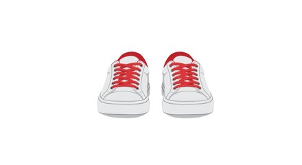 Pair of white sneakers with red laces, front view illustration.