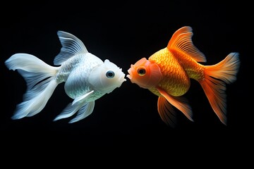 Fototapeta premium Two stylized goldfish, one white, one orange, face each other against a black backdrop