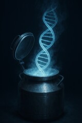 Conceptual art of a glowing DNA double helix stored in a futuristic canister