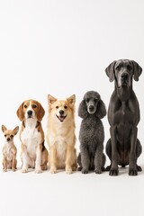 A group of five different dog breeds sitting in a row from smallest to largest on a white background