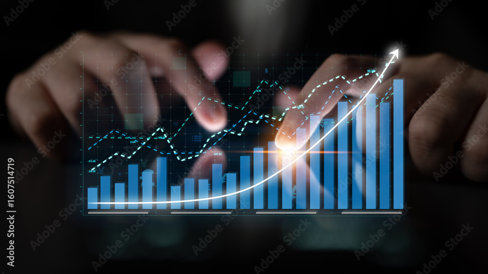 Poster a close-up view of hands interacting with a digital interface displaying financial graphs and charts