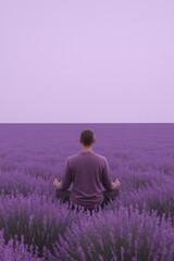 Mindfulness meditation in nature: man in lotus pose meditating in a vast lavender field