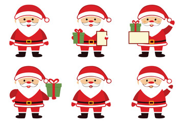 Six cartoon Santas in red suits with gifts and signs
