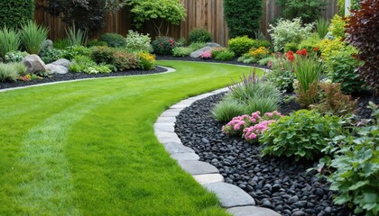 Vibrant backyard garden with green grass. Dark gray gravel path leads to entrance. Various colorful plants, flowers, bushes with green, brown leaves. Tall tree stands on left side, with fence in
