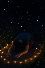 Mindfulness meditation in nature: man in child's pose at night surrounded by fairy lights