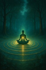 Mindfulness meditation in nature: a person meditating in a mystical forest with glowing energy rings