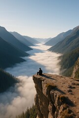A man pensively sitting on a cliff edge, looking out over a valley filled with clouds