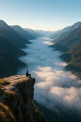 A lone hiker peacefully sitting on a dramatic cliff edge above a river of clouds