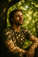 A serene man meditating with eyes closed under a tree in dappled sunlight