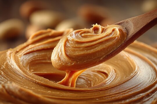 Creamy spread made from roasted peanuts swirled on a wooden spoon against a blurred background of nuts and rich hues