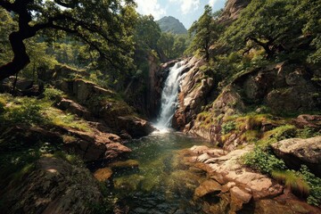 Fototapeta premium Breathtaking waterfall cascading down rocky cliffs surrounded by lush greenery in a serene mountain setting during daylight hours