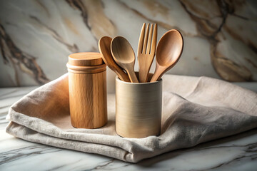 Rustic wooden kitchen utensils are arranged in a ceramic container on a marble countertop with linen
