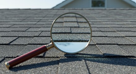 A magnifying glass rests on a gray shingle roof, focusing on the roofing material's texture, with a house visible in the background.
