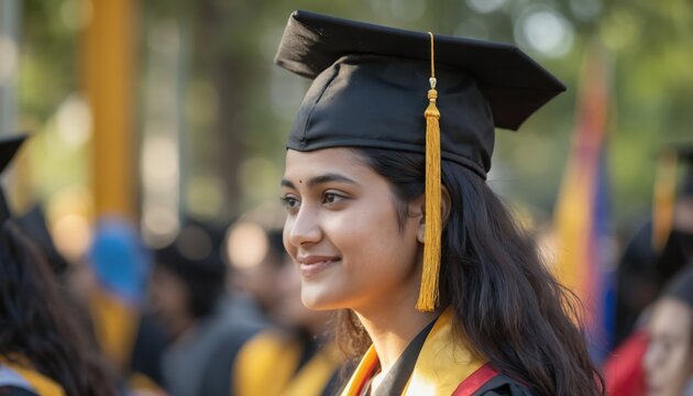 Young Indian woman graduate student wears cap, gown at graduation ceremony. Smiles, stands out from blurred background of graduates, trees. Yellow banner with black text in school graduation ceremony - Powered by Adobe