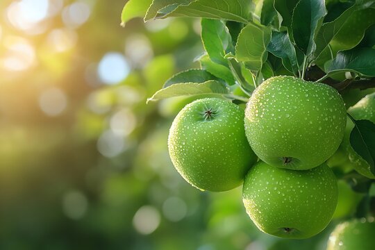 Fresh green apples covered in water droplets on a tree branch