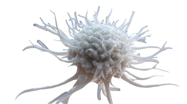 A detailed microglial cell, isolated on a transparent background, showcasing its intricate branching structure and cellular morphology.