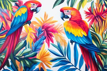 Fototapeta premium Vivid parrots amidst tropical foliage, painted in bright, bold colors on a white background