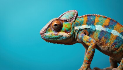 Fototapeta premium Vibrant chameleon stands out on blue background. Predominantly blue, red colors on body, head, legs. Open eyes looking left add movement to scene. Chameleon colorful skin is blend of blue, red hues.