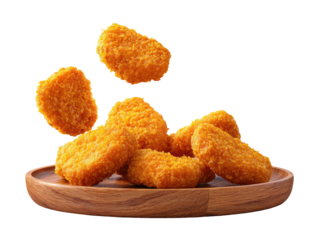 Crispy, golden-brown chicken nuggets scattered on a wooden plate against a black background