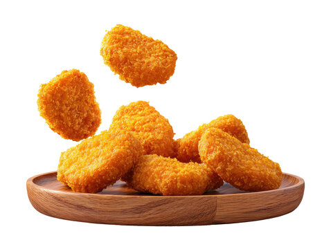 Crispy, golden-brown chicken nuggets scattered on a wooden plate against a black background - Powered by Adobe